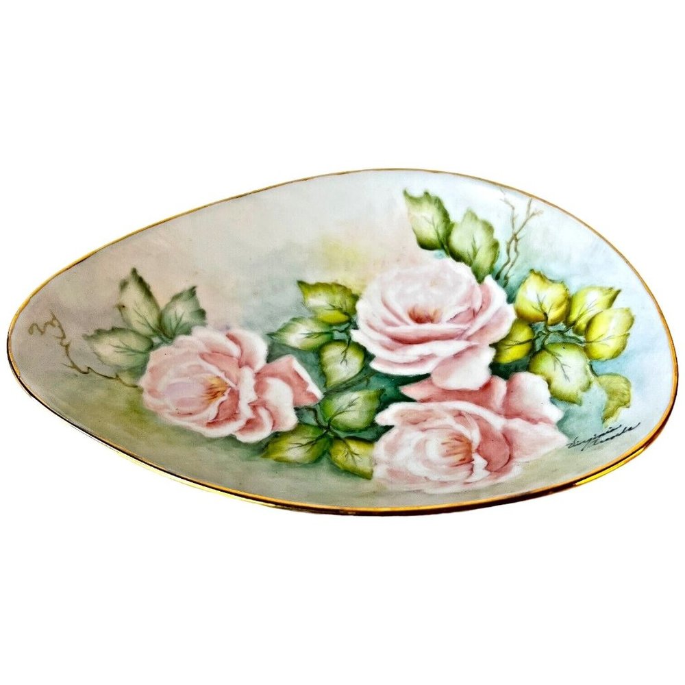 German Alka Kunst Dish‎ Pink Rose Green Hand Painted Bavaria West Germany Signed